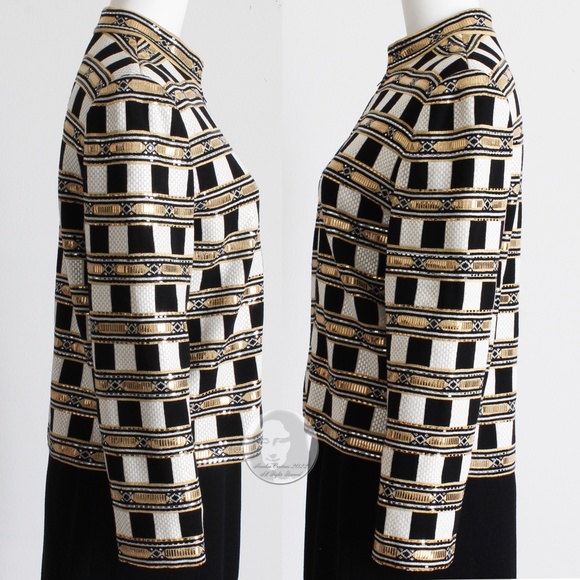 St John Evening Jacket Embellished Knit Gold Black White Zip Front Vintage Sz 10 - Picture 9 of 11